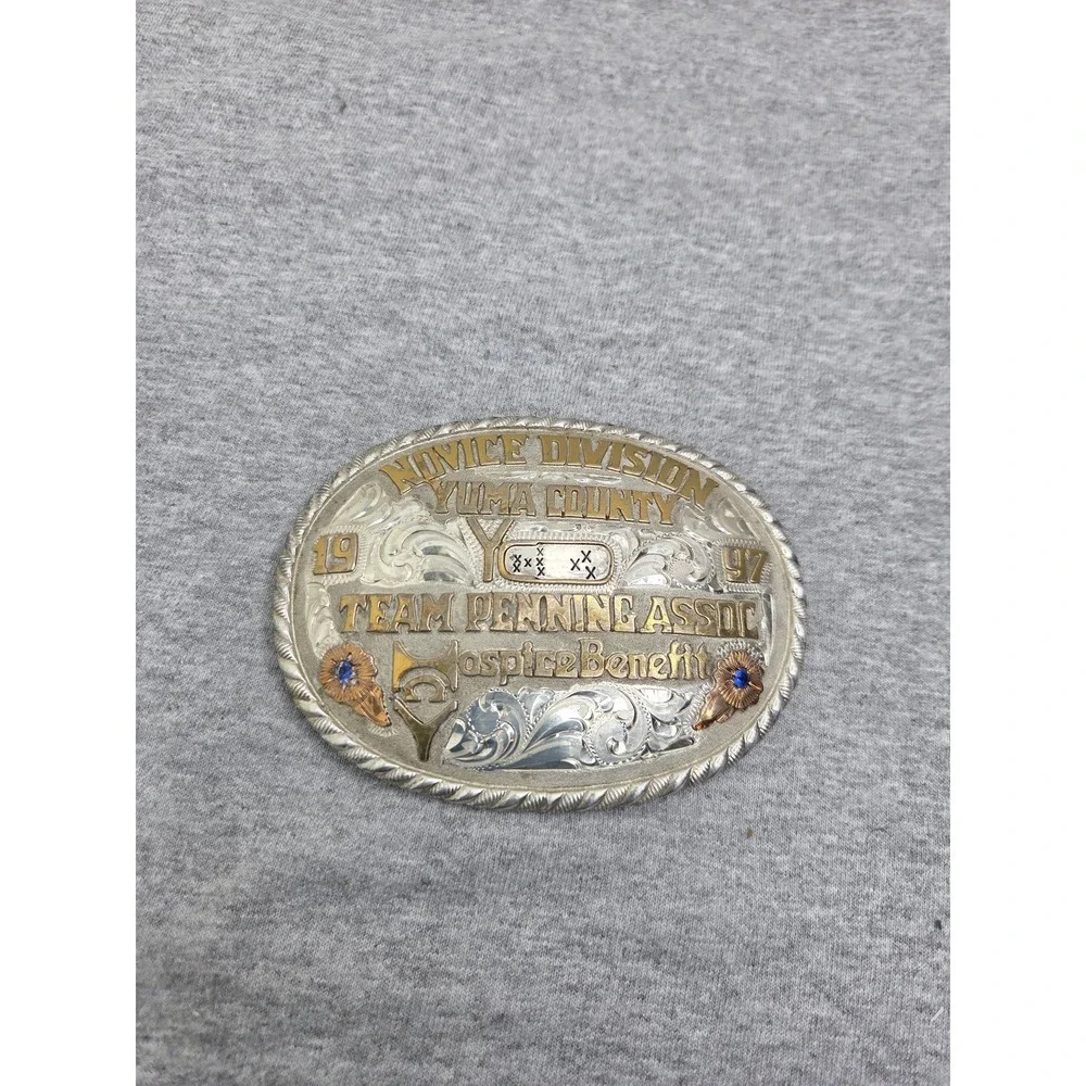 Vintage 1997 Red Bluff Buckle Co Novice Penning Rodeo Ruby Stone Belt Buckle
